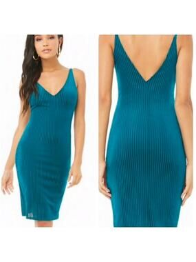 Teal Ribbed Romantic Velvet Bodycon Mini Dress V‑Neck Sleek Whimsicore Sexy M